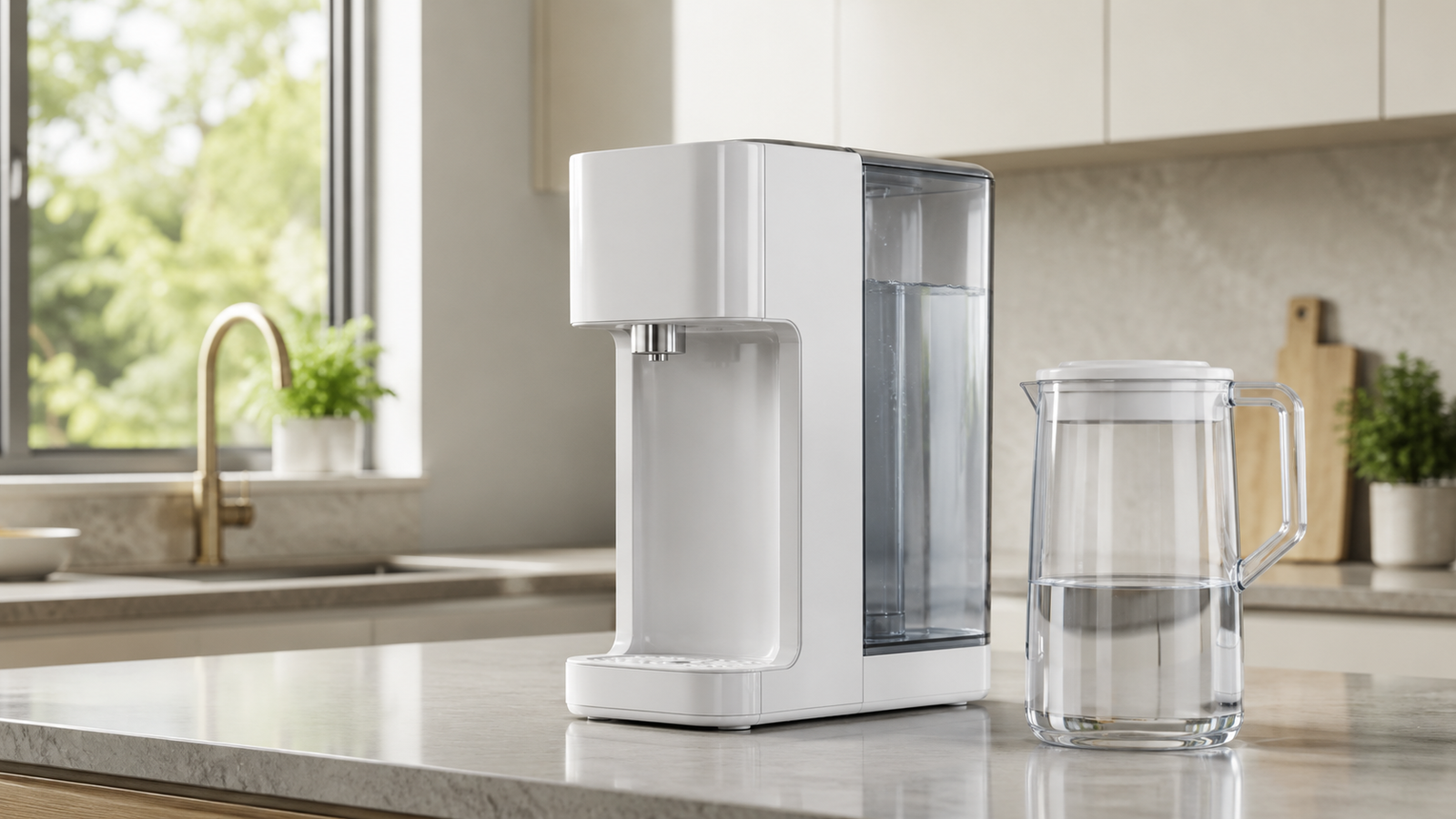 Countertop reverse osmosis system with water carafe in a modern kitchen