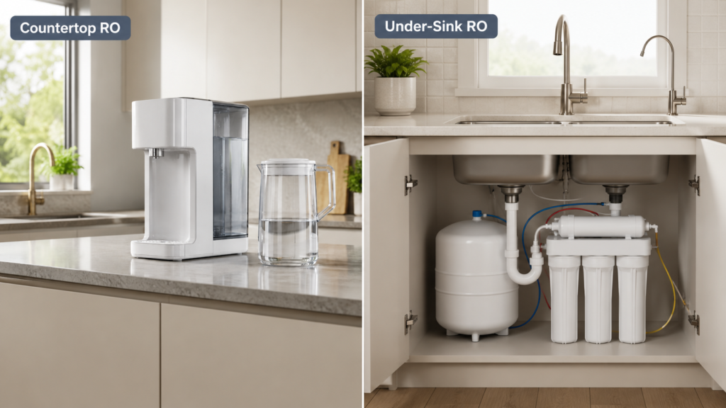 Countertop reverse osmosis system compared with an under-sink RO installation