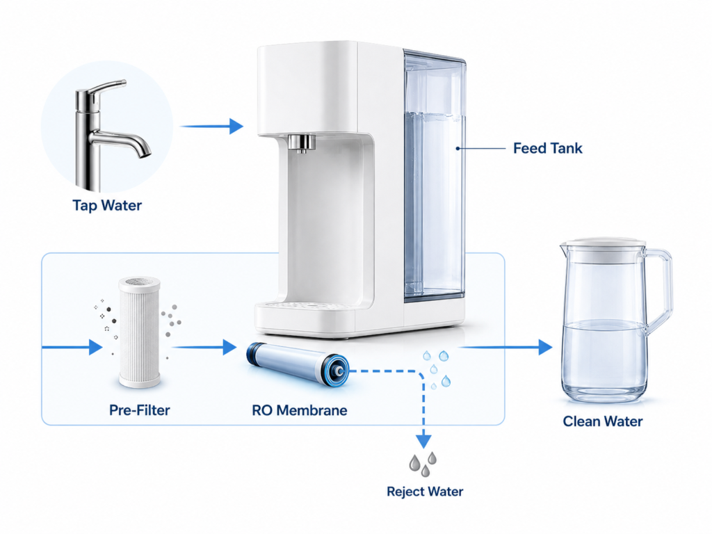 Diagram showing tap water passing through a pre-filter and RO membrane to produce clean water and reject water