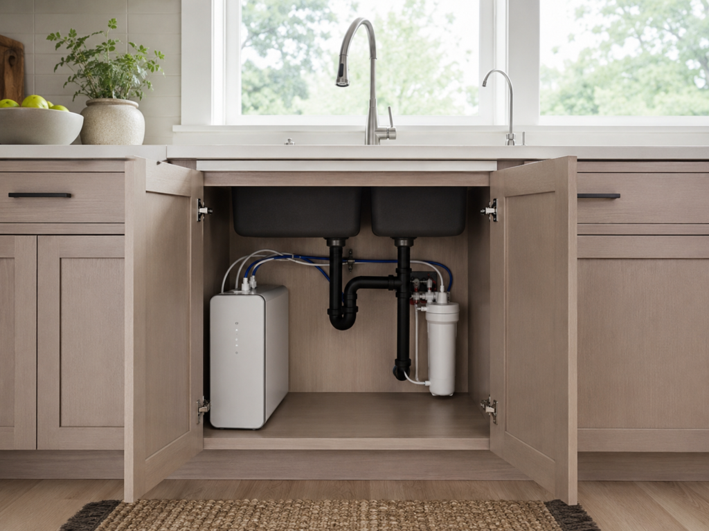 Tankless reverse osmosis system installed inside an open kitchen sink cabinet