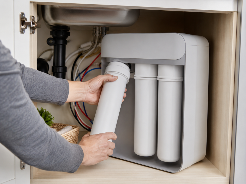 Homeowner replacing a filter cartridge in an under-sink reverse osmosis system