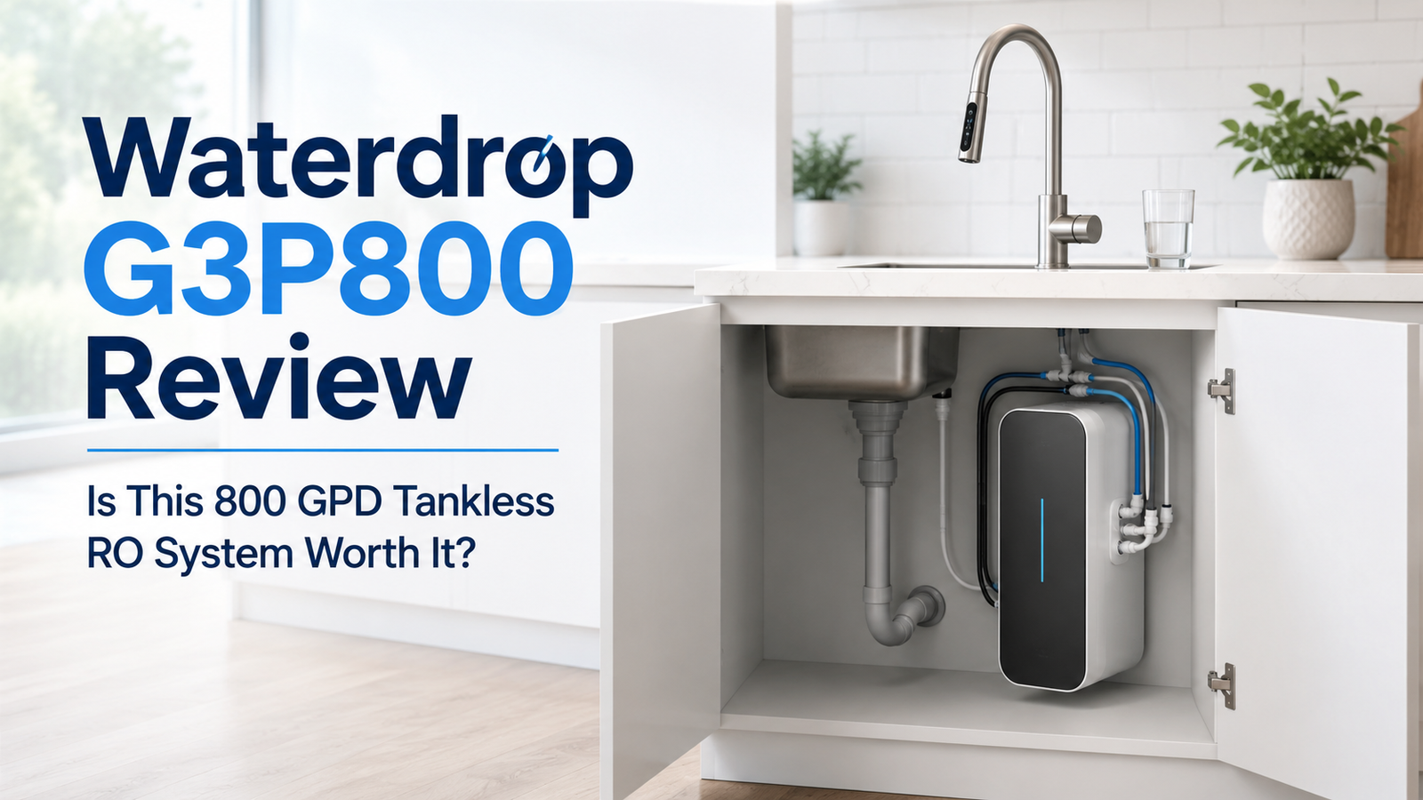 Waterdrop G3P800 review graphic showing a tankless reverse osmosis system under a kitchen sink