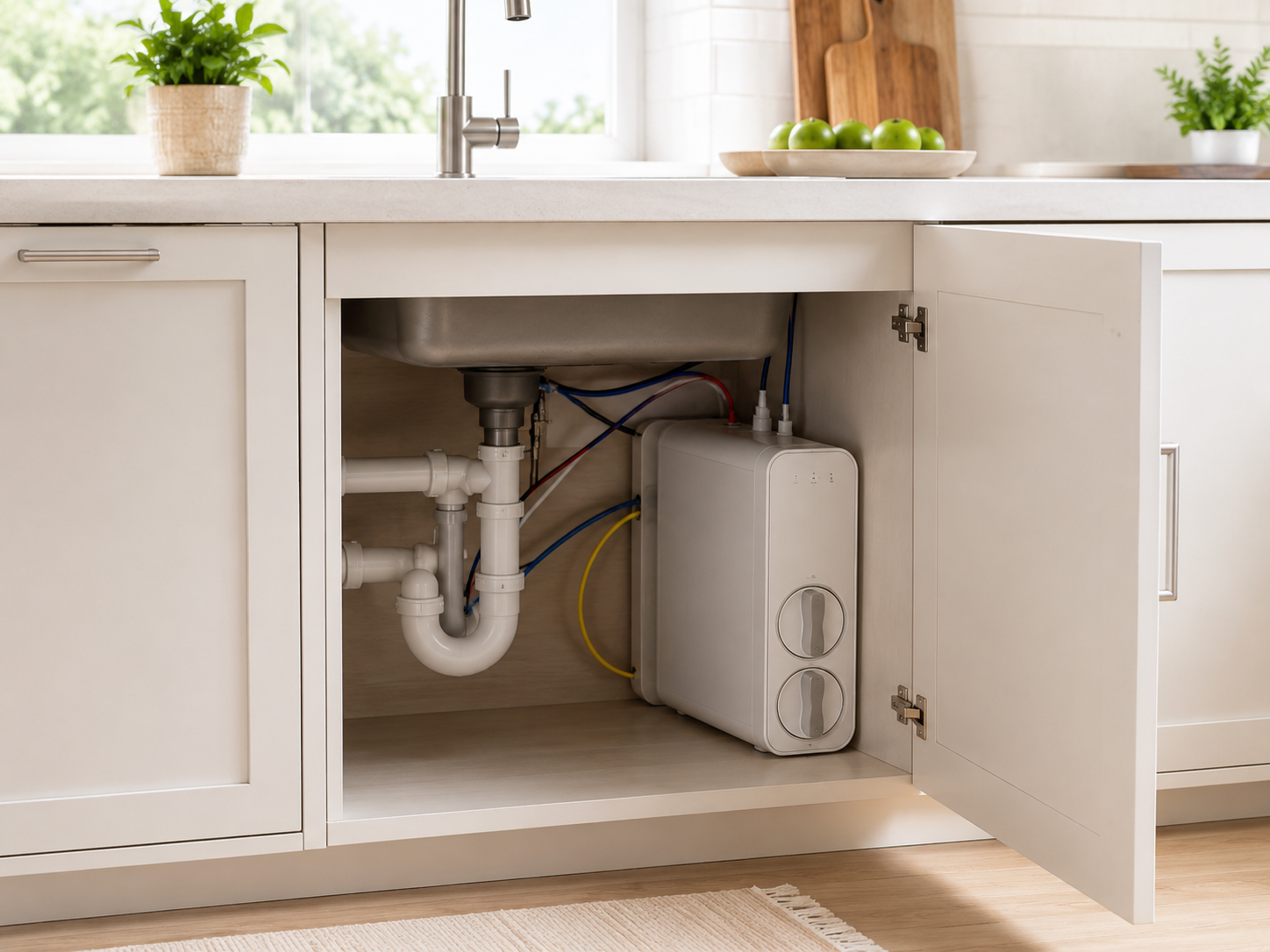 Tankless reverse osmosis system installed under a modern kitchen sink