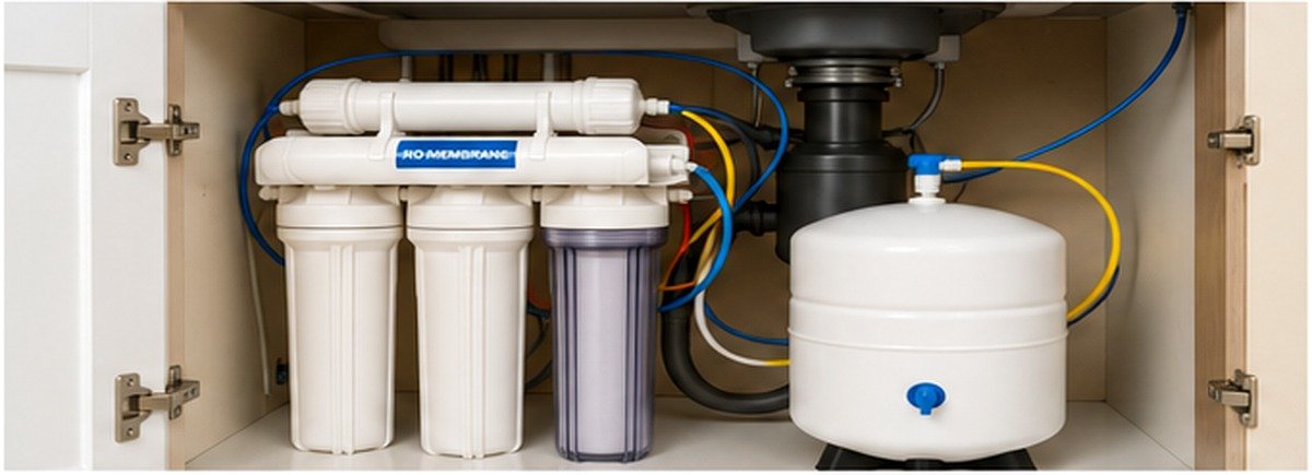 Under-sink reverse osmosis system with filters and storage tank