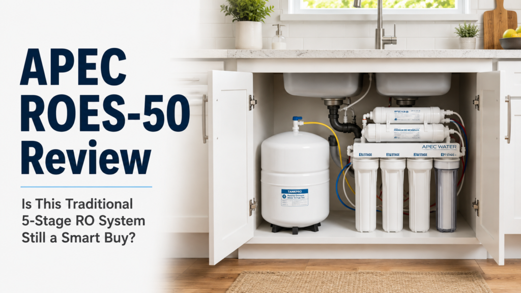 APEC ROES-50 review showing a traditional five-stage under-sink reverse osmosis system