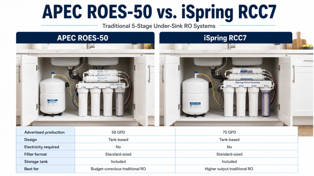 Alt text: APEC ROES-50 and iSpring RCC7 traditional tank-based reverse osmosis system comparison