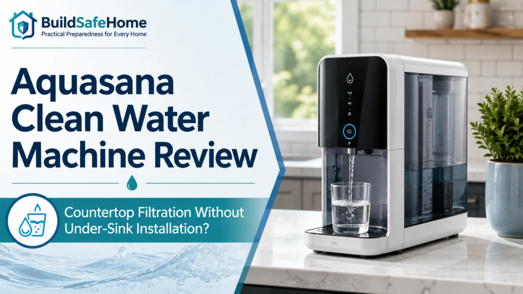 Aquasana Clean Water Machine review graphic showing the countertop water filter and key buying considerations
