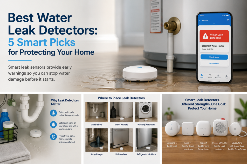 Best water leak detectors comparison graphic showing five smart leak detector picks for home protection