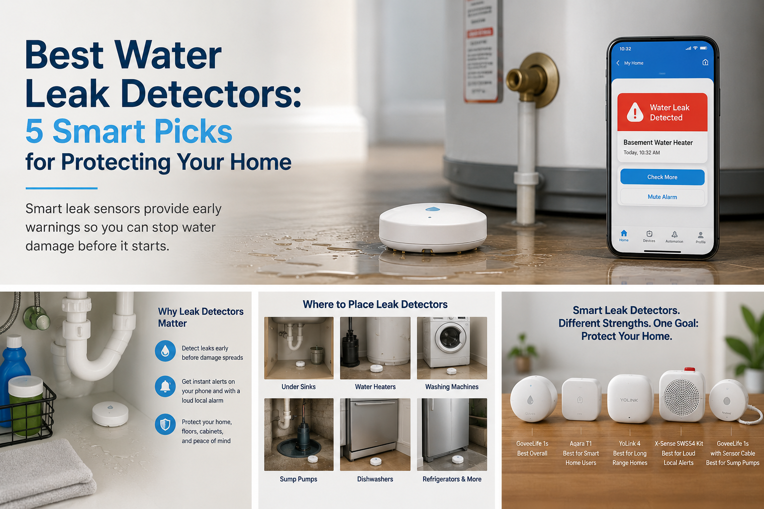 Best water leak detectors comparison graphic showing five smart leak detector picks for home protection