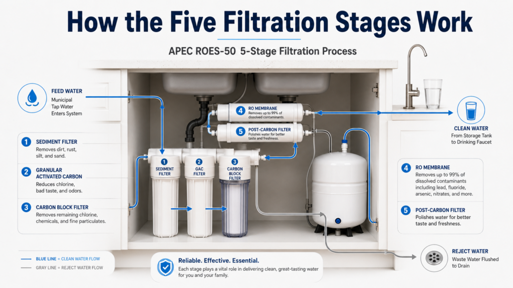 Diagram of the five filtration stages in the APEC ROES-50 reverse osmosis system