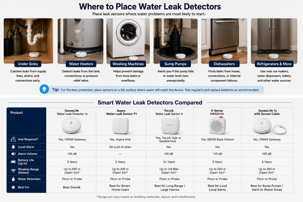 Guide showing common places to install water leak detectors, including under sinks, near water heaters, washing machines, sump pumps, dishwashers, and refrigerators