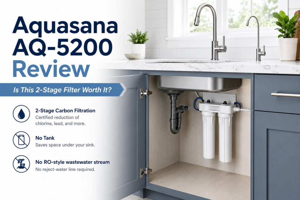 Aquasana AQ-5200 under-counter water filter review graphic showing a compact under-sink filtration system