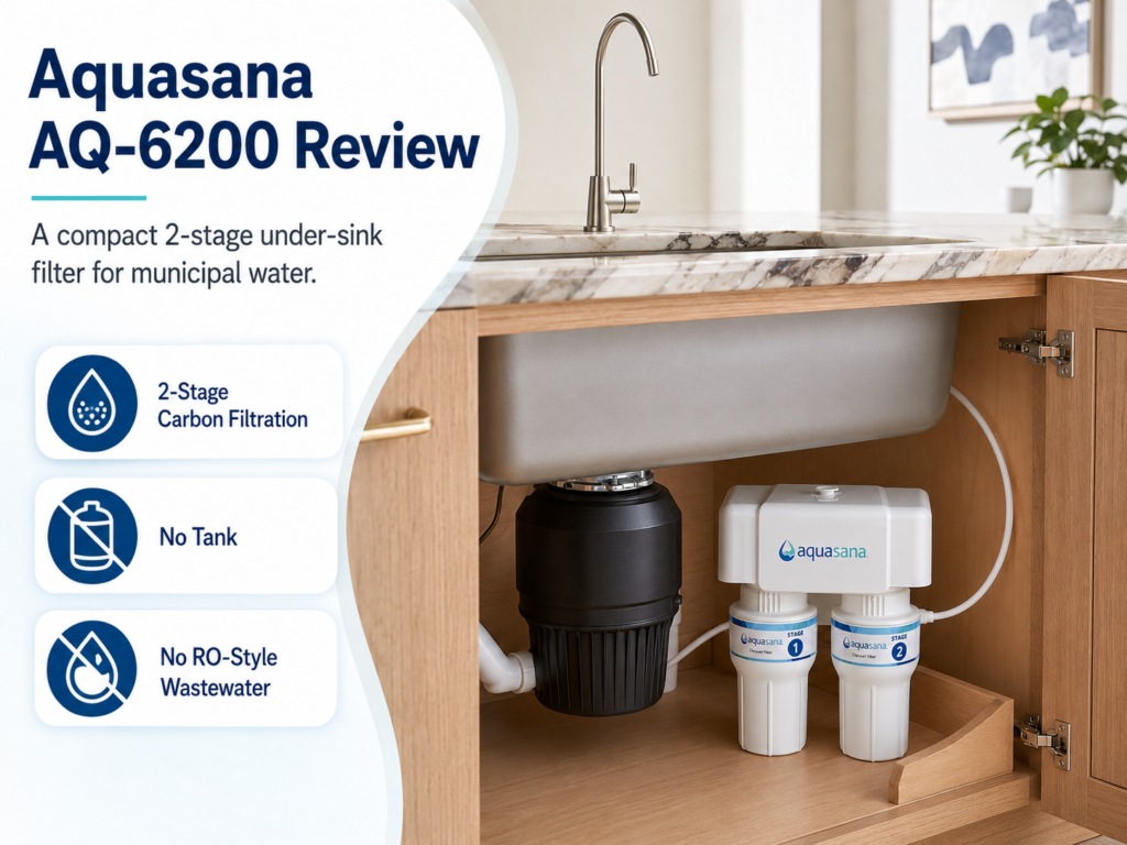 Aquasana AQ-6200 review graphic showing the Claryum 2-Stage under-sink water filter installed beneath a kitchen sink