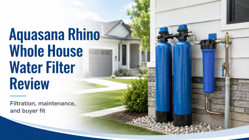 Aquasana Rhino whole house water filter review graphic showing a whole-house filtration system installed at a home