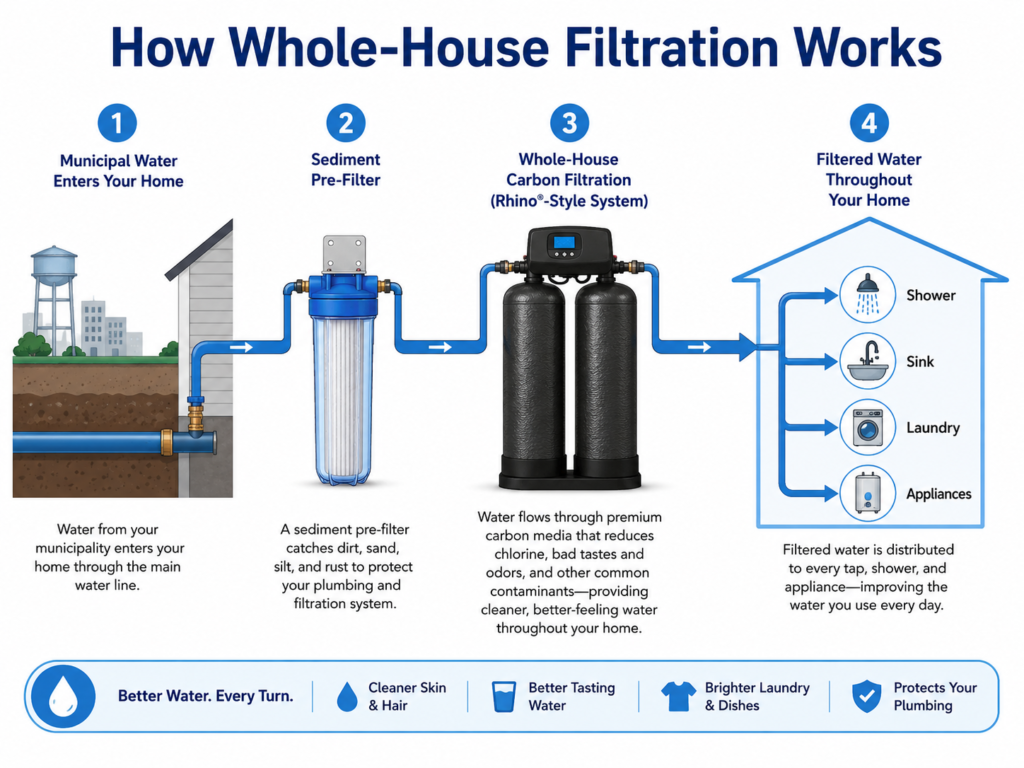 Diagram showing municipal water passing through a sediment pre-filter and whole-house filter before reaching faucets and appliances