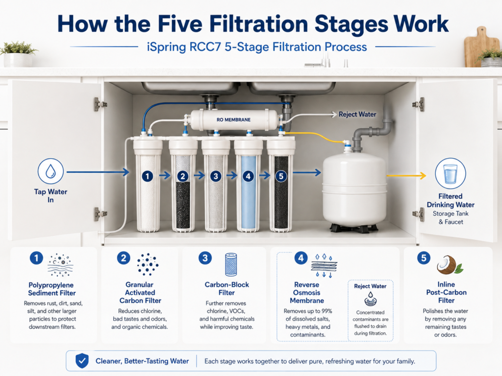 iSpring RCC7 five-stage reverse osmosis filtration process
