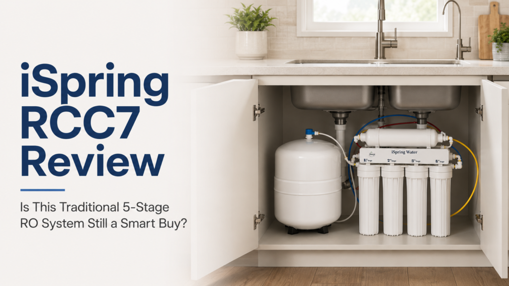 iSpring RCC7 review showing a traditional 5-stage under-sink reverse osmosis system