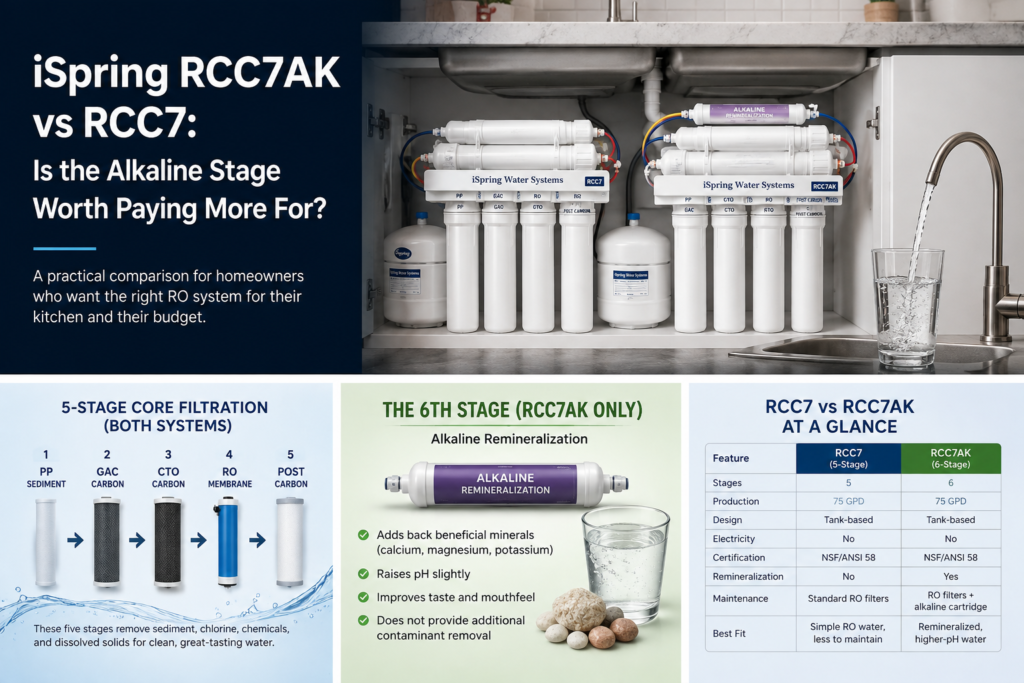 iSpring RCC7AK vs RCC7 comparison showing two under-sink reverse osmosis systems and the RCC7AK alkaline remineralization stage
