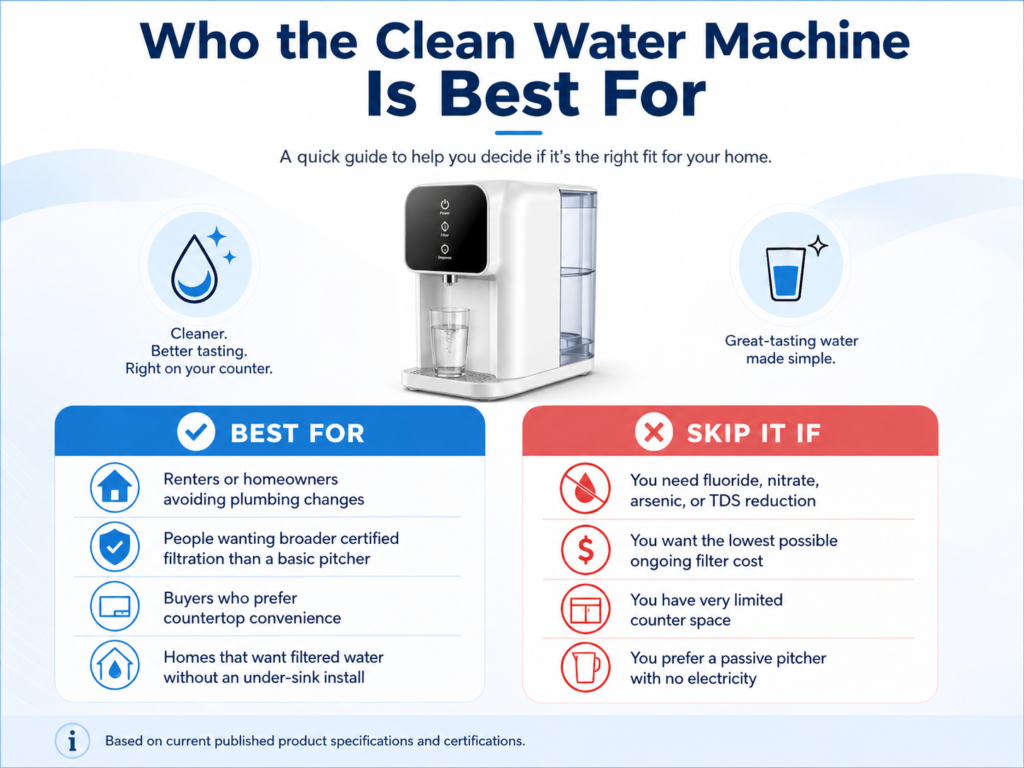 Buyer guide graphic summarizing who the Aquasana Clean Water Machine is best for and what shoppers should consider before buying