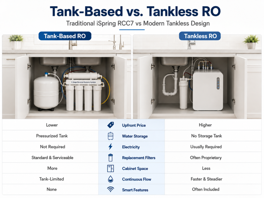 Comparison of the iSpring RCC7 tank-based RO system and a modern tankless reverse osmosis system