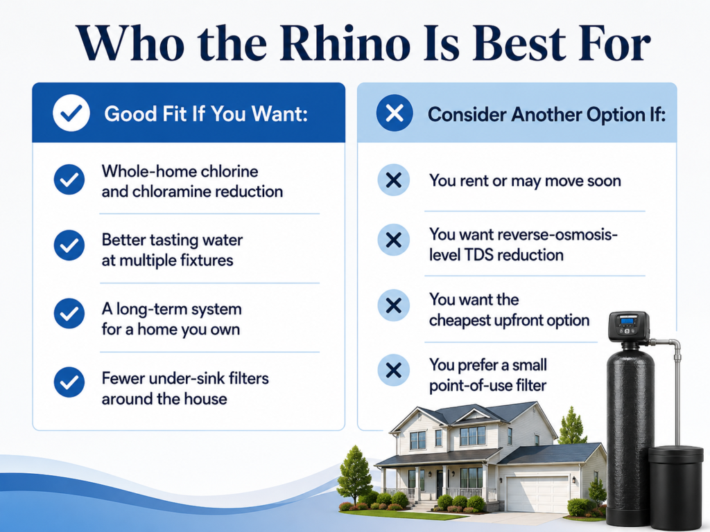 Buyer guide graphic showing who may benefit from the Aquasana Rhino whole-house water filter and who may want another option