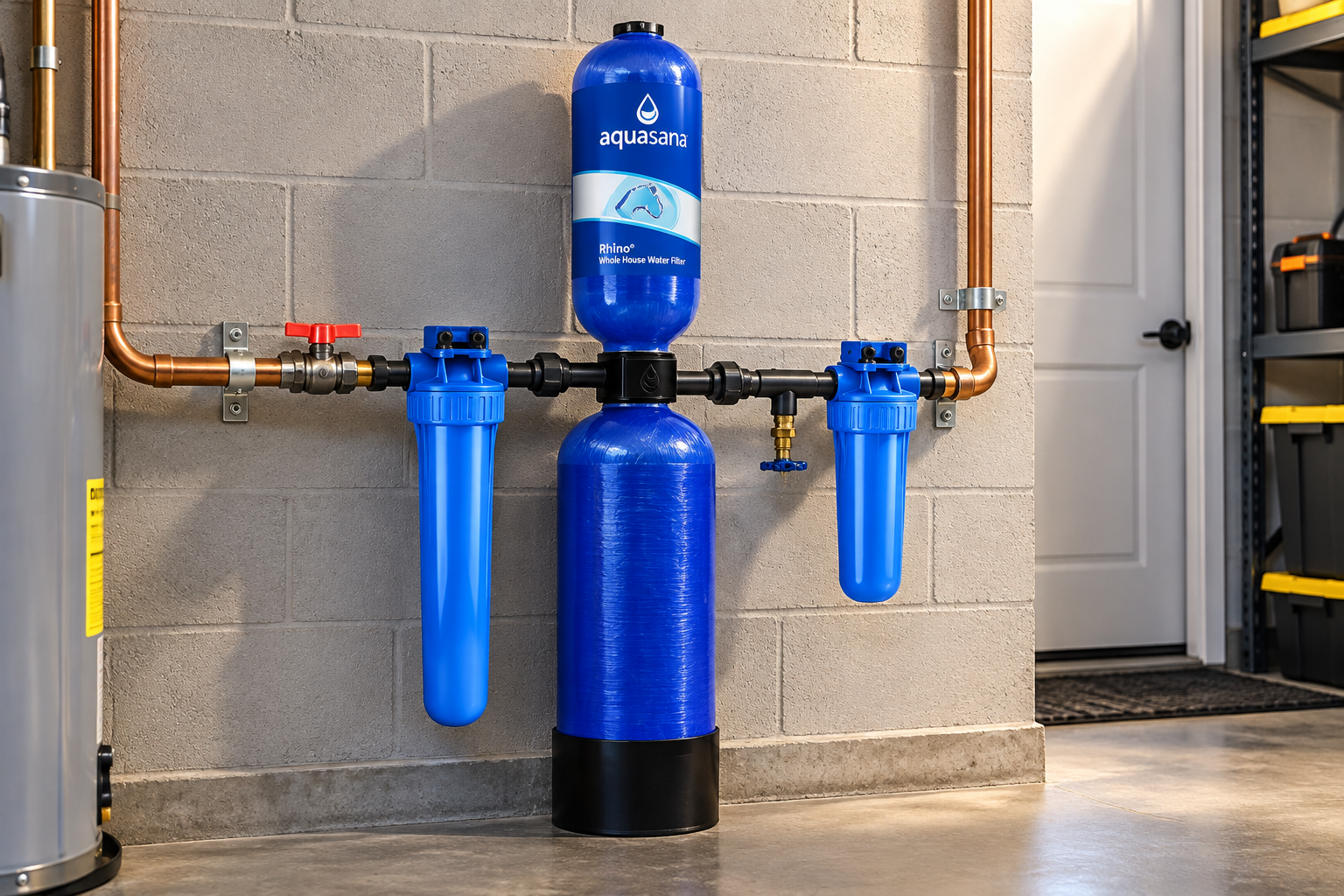 Aquasana Rhino whole house water filter installed in a home
