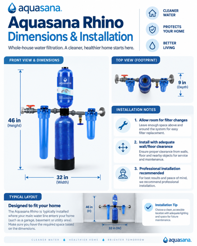 Aquasana Rhino whole house water filter dimensions and installation clearance diagram showing height, width, depth, and space needed for setup.