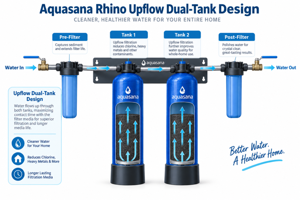 Aquasana Rhino upflow dual tank filtration design