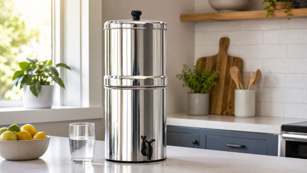 Stainless steel gravity-fed water filter on a kitchen countertop