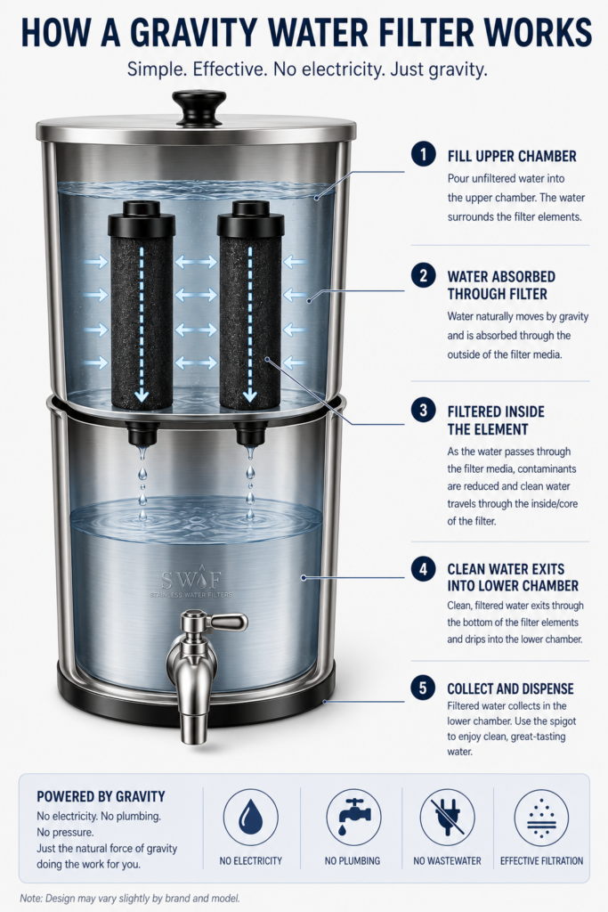 Diagram showing how a gravity-fed water filter works