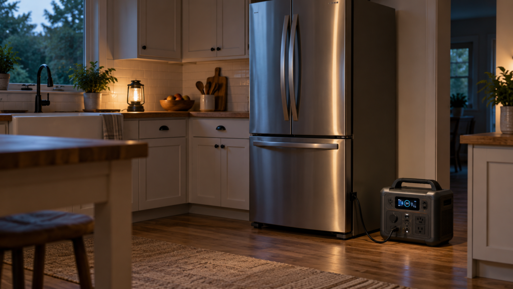 Portable power station powering a refrigerator during a home outage