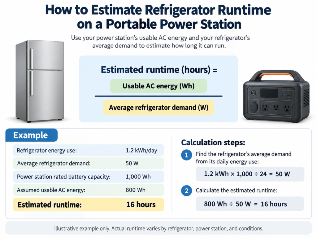 Example calculation for estimating refrigerator runtime with a portable power station